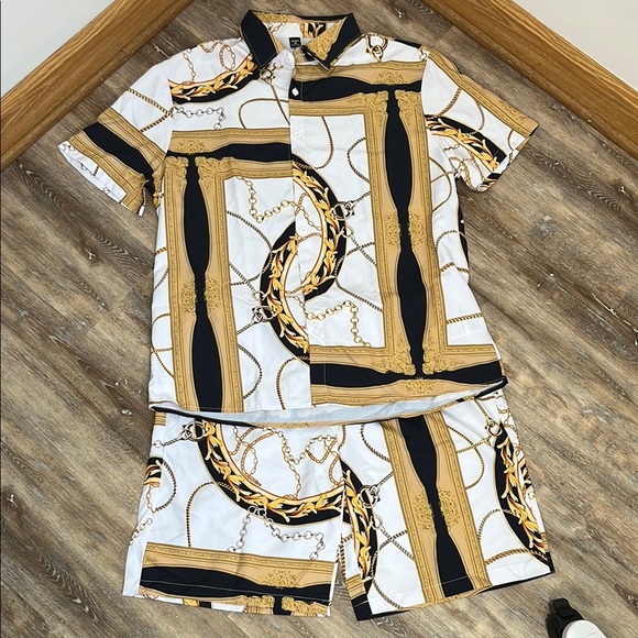 Shein Men's Manfinity Chain Print Shirt & Short Set Size XXL Resortwear Vacation - Picture 15 of 16